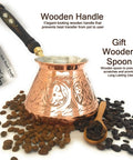 Dope Thick Solid Copper Turkish Greek Arabic Coffee Pot With Wooden Handle For Stovetop Brewing Jazzve Cezve Ibrik Briki Café Turco Large 18 Oz Engraved Design Authentic Turkish Coffee Maker with coffee beans and a wooden spoon