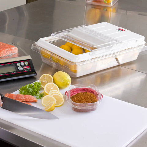 Clear 2 Gallon Polycarbonate Food Storage Tote For Pro Kitchens And Restaurants, BPA Free, on stainless steel counter