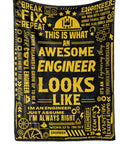Engineer Gift Throw Blanket For Mechanical Electrical And Computer Pros Cozy Flannel Throw For Men 65 x 50 Inches Black with yellow text and icons.