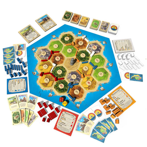 Premium Island Settlement Building Strategy Board Game For Families And Crew Ages 10 Plus Master Resource Trading Expand Territories visual setup with tiles, cards, and dice.