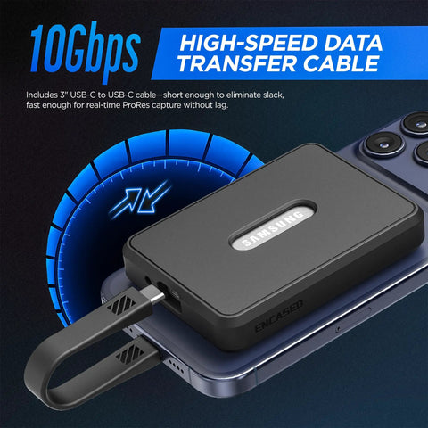 Magnetic Case For Samsung T7 Portable SSD Keeps Your Drive Snug On Set With 1TB 2TB 4TB Fits High Speed 10Gbps Data Cable MagSafe Ready Black showing high-speed data transfer.