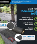 Non Woven Geotextile Landscape Fabric 4 Oz Industrial Grade Durable UV Protected Roll 3 Ft By 360 Ft Sun Resistant DOT Approved shown in use with features highlighted, including black roll laid out on lawn, thick material and tensile strength.