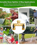 Solid Brass Two Way Hose Splitter With 360 Degree Swivel Outlets And Three Quarter Inch GHT Connection For Garden Use Rust Resistant Freeze Proof Easy To Attach To Standard Faucets Built To Last. 2-way brass splitter shown with garden hose use