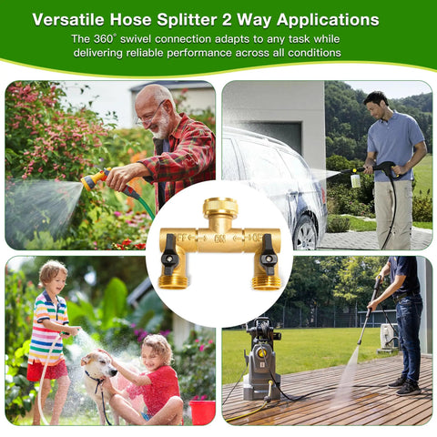 Solid Brass Two Way Hose Splitter With 360 Degree Swivel Outlets And Three Quarter Inch GHT Connection For Garden Use Rust Resistant Freeze Proof Easy To Attach To Standard Faucets Built To Last. 2-way brass splitter shown with garden hose use