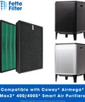 2 Pack Replacement Filter Set For Coway AIRMEGA 400 And 400S Max 2 With Green And Active Carbon Filters shown with air purifiers