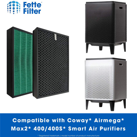 2 Pack Replacement Filter Set For Coway AIRMEGA 400 And 400S Max 2 With Green And Active Carbon Filters shown with air purifiers