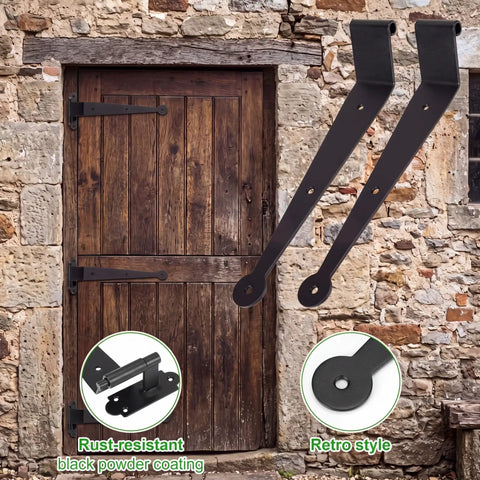 8 Pack 12 Inch Beefy Heavy Duty Wrought Iron Blind Shutter Hinges Kit Lift Off Pintle shown on a rustic wooden door