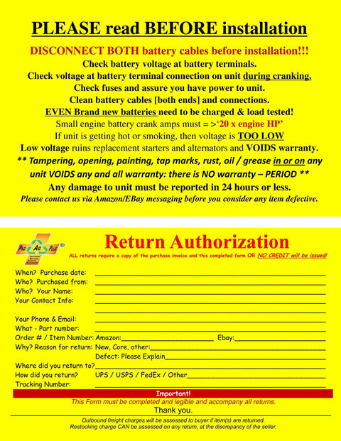 Yellow installation and return form with instructions and requirements for battery cables and returns.