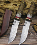 Two Damascus Steel Hunting Knives With Faux Antler Handles, 5.4 Inch Fixed Blades, Hand Forged Wave Pattern With Wooden Sheath