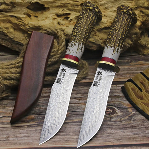 Two Damascus Steel Hunting Knives With Faux Antler Handles, 5.4 Inch Fixed Blades, Hand Forged Wave Pattern With Wooden Sheath