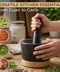 Mortar And Pestle Set Heavy Duty Granite Stone Grinder With Stable Bamboo Base Extra Long Pestle And Cleaning Brush Perfect For Guacamole Bowl Herb Grinding And Molcajete Bowl One Point Five Cup in use