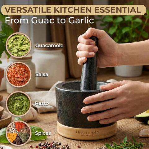 Mortar And Pestle Set Heavy Duty Granite Stone Grinder With Stable Bamboo Base Extra Long Pestle And Cleaning Brush Perfect For Guacamole Bowl Herb Grinding And Molcajete Bowl One Point Five Cup in use