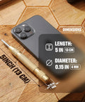Automatic Center Punch For Metal And Wood Featuring Spring Loaded Kick And Adjustable Knob to show dimensions next to a smartphone.