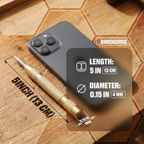 Automatic Center Punch For Metal And Wood Featuring Spring Loaded Kick And Adjustable Knob to show dimensions next to a smartphone.