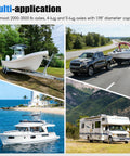 Built To Last 1.98 Inch Trailer Axle Dust Caps with truck towing boat, yacht at sea, and RV camper by mountains