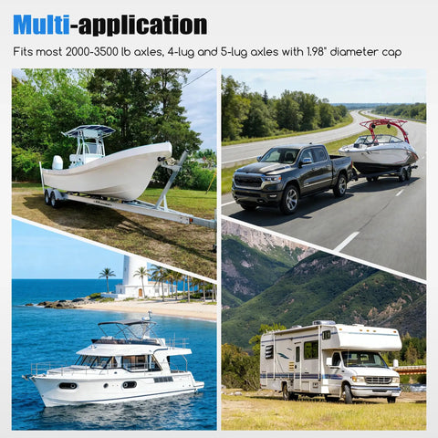 Built To Last 1.98 Inch Trailer Axle Dust Caps with truck towing boat, yacht at sea, and RV camper by mountains