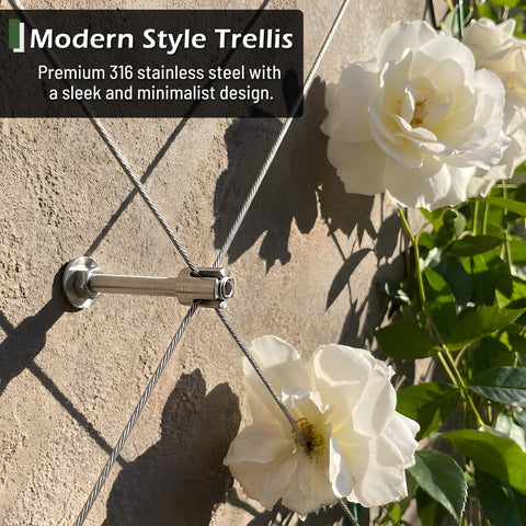 Outdoor Wire Trellis Kit For Climbing Plants, 20 Piece Wall Trellis System with stainless steel cable and blooming flowers