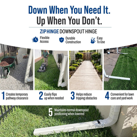 Flip Up Downspout Gutter Hinge For No Sweat Lawn Care And Smooth Yard Clearance White Durable Rain Water Drainage Extension Clip showing versatile use and flexible access.