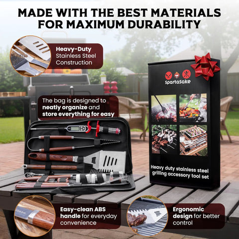 Ultimate Grill Master Gear Set for Blackstone Griddle Premium Stainless Steel BBQ Accessories with wood handles in open case