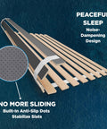 Queen Bunkie Board with Vertical Wood Slats Box Spring Replacement Reinforces Weak Frames Creates Solid Platform Foundation Zero Flex Heavy Duty 60x80 showing noise-dampening design and anti-slip features.