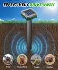 Solar Powered Ultrasonic Mole And Pest Deterrent For Outdoor Gardens in soil, emitting waves to repel pests, sunny background