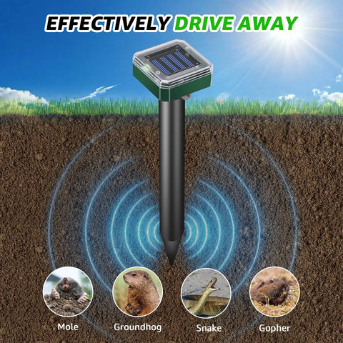 Solar Powered Ultrasonic Mole And Pest Deterrent For Outdoor Gardens in soil, emitting waves to repel pests, sunny background