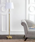 61 Inch Brass Gold Crystal LED Floor Lamp With White Linen Drum Shade next to grey sofa in elegant living room