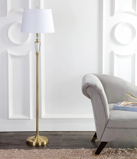 61 Inch Brass Gold Crystal LED Floor Lamp With White Linen Drum Shade next to grey sofa in elegant living room