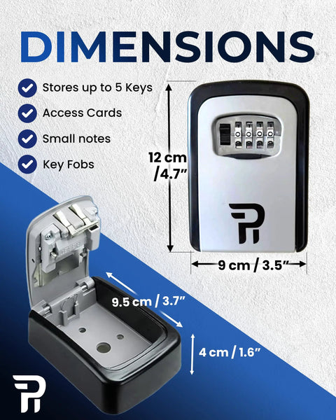 Beefy Outdoor Key Lock Box Wall Mounted With 4-Digit Code, shown open with dimensions, large zinc alloy and stainless steel exterior.