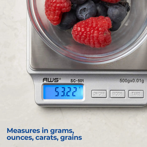 Precision Digital Kitchen Scale For Food Measuring 2Kg X 0.1g with berries displayed on digital screen.