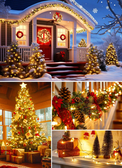 Clear Christmas String Lights 50 Count 10 Feet Incandescent Mini Bulbs Indoor Outdoor Xmas Tree Garland Birthday Wedding Party Festival Decoration Green Wire Soft Warm White Glow For Cozy Vibes illuminating a festive house, tree, and garland.