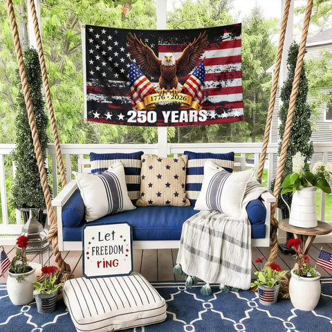 250th Anniversary USA Flag 3 By 5 Foot Double Sided All American Flag Commemorating 1776 To 2026 hanging on porch with decor.