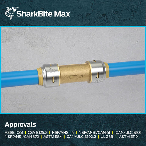 Side view of SharkBite Max 3/4-inch brass push-to-connect check valve on blue PEX pipe.