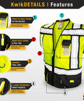Two Pack High Visibility Safety Vest With Five Pocket Multi Use Design Class 2 ANSI OSHA Reflective Breathable Mesh Heavy Duty Construction Vest For Men Work In Black Large showing front ID pocket, heavy duty zipper, tool loop, and pockets detail