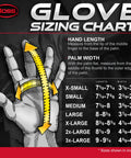 Glove sizing chart showing hand length and palm width with size options from X-Small to 3X-Large.