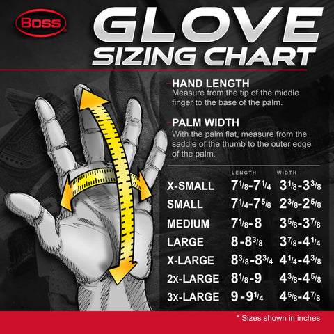 Glove sizing chart showing hand length and palm width with size options from X-Small to 3X-Large.