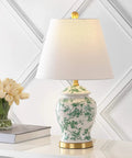 22 Inch White And Green Ceramic Table Lamp With White Linen Shade, French Country Chinoiserie Ginger Jar Bedside Lamp For Living Room And Bedroom, LED Bulbs Included, ETL Listed on a white surface with flowers and books