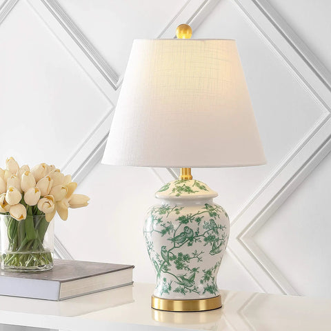 22 Inch White And Green Ceramic Table Lamp With White Linen Shade, French Country Chinoiserie Ginger Jar Bedside Lamp For Living Room And Bedroom, LED Bulbs Included, ETL Listed on a white surface with flowers and books