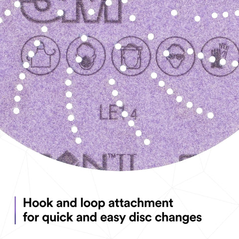 Close-up of Xtract Cubitron II Hookit Clean Sanding Film Disc 775L, showing hook and loop attachment and dust holes