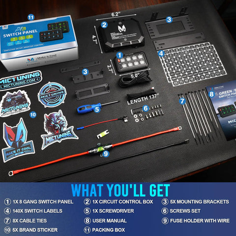 Beefed Up 8 Gang Switch Panel For Truck RV Offroad Marine With Multifunction Blue Switch Pod and accessories displayed