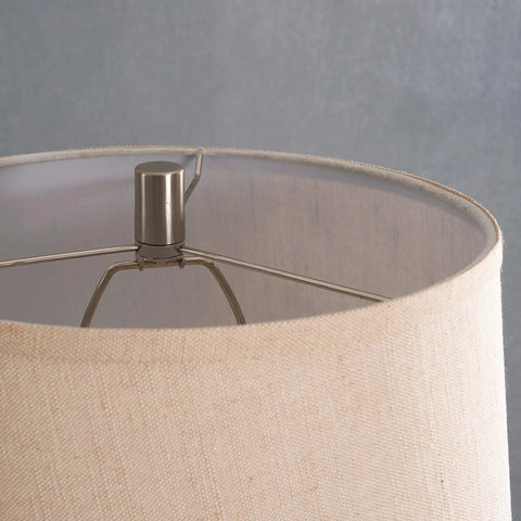 Close-up of Captain Table Lamp With Clear Textured Glass And Rope Wrap Finish, focus on metal frame and fabric shade