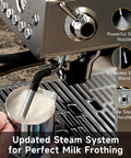 Updated steam system on Straight Up Premium Espresso Machine With Built In Grinder And 20 Bar Pump for milk frothing.
