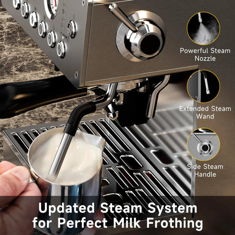 Updated steam system on Straight Up Premium Espresso Machine With Built In Grinder And 20 Bar Pump for milk frothing.