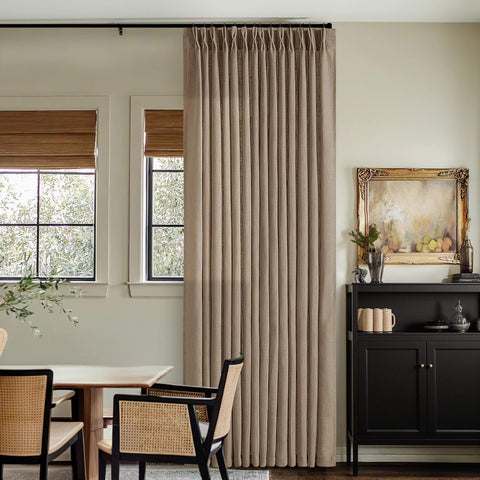 Farmhouse Tan Brown Linen Curtains 102 Inches Long 2 Panels with Pinch Pleat Drape Hooks and Rings for Track System in living room