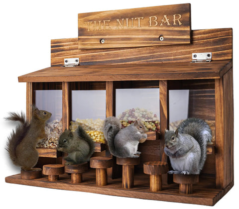Wooden Squirrel Picnic Table Feeder With Four Seed Compartments And Seven Tier Bar Stools, Durable Burnt Wood Finish