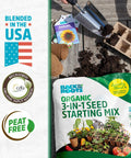 3-In-1 Seed Starting Mix For Herbs, Veggies, And Flowers, 6 Quarts, 100 Percent Organic And USA Made packaging beside garden tools