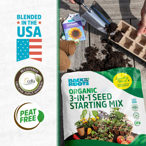 3-In-1 Seed Starting Mix For Herbs, Veggies, And Flowers, 6 Quarts, 100 Percent Organic And USA Made packaging beside garden tools