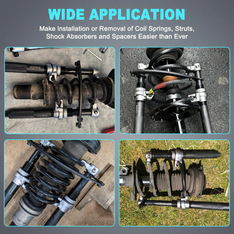 Heavy Duty Coil Spring Compressor Set, 2 Pack with safety bracket, demonstrating wide application on various vehicles