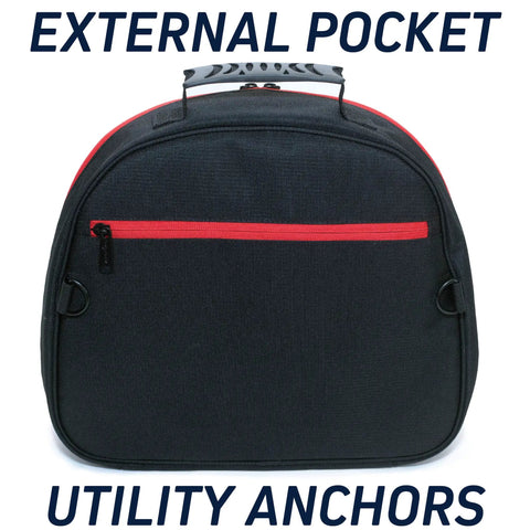Black scuba regulator gear bag front view with red zipper, utility anchors, EVA foam lid, and external pocket.