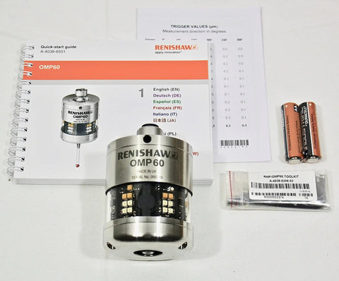 OMP60 Machine Tool Probe Kit With Warranty New In Box For Haas And Mazak Medium And Large Machining Centers includes probe, guide, and accessories.